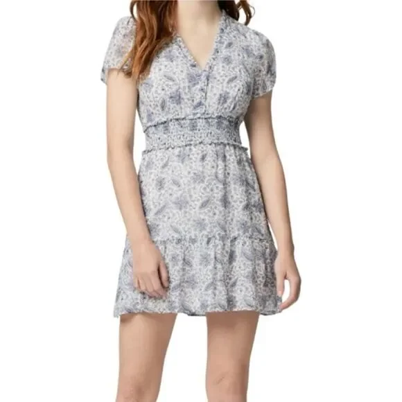 PAIGE Silk Georgette Giannina Mini Dress White/Periwinkle Size XS - Picture 2 of 13